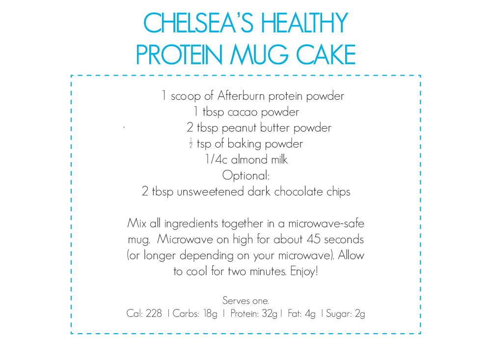 Chelsea's healthy protein mug cake recipe instructions and ingredients list