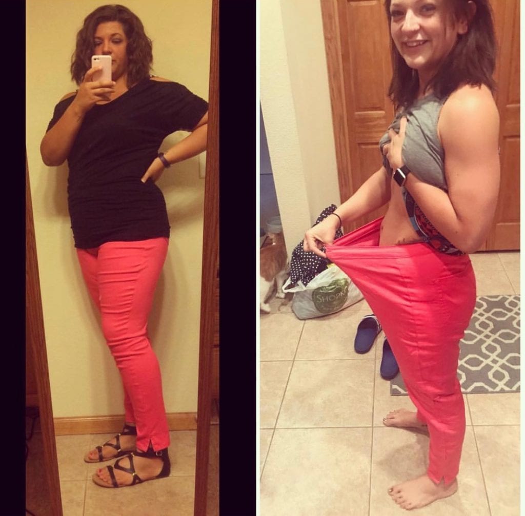Women in pink pants showing weight loss difference in size of pants in side by side comparison